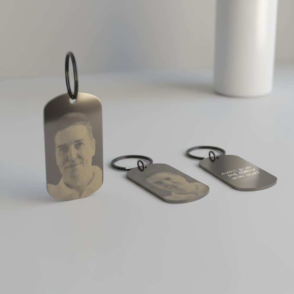 Black engraved steel keyring